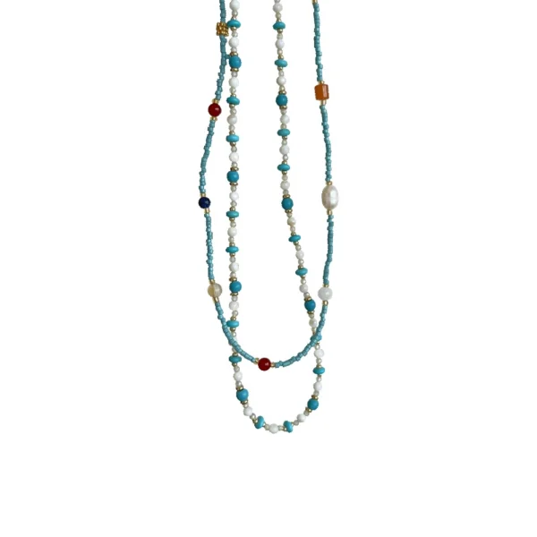 Bijoume Natural Gemstone Blue Turquoise and White Pearl Beads Necklace Sets for Women Elegant and Dopamine Clavicle Necklace