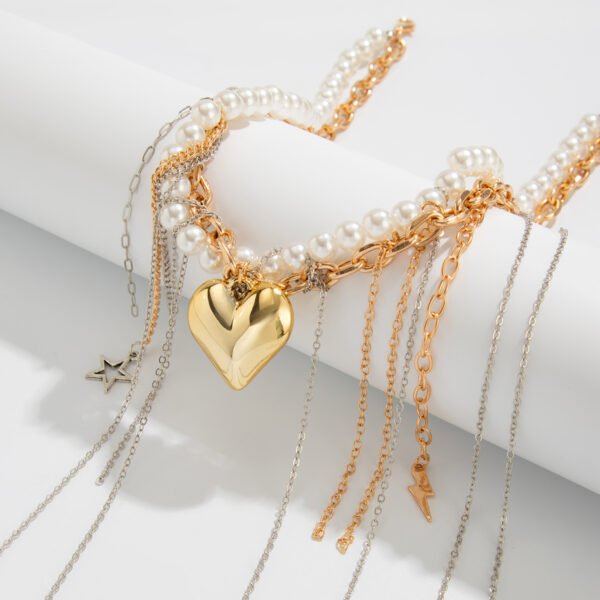 Bijoume Alluring 14K Gold Heart Pendant White Round Pearl Figaro Chian Advanced Tassel Clavicle  Necklace for Women