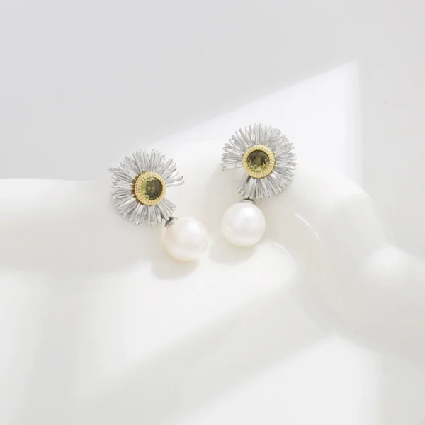 Bijoume Dainty Daisy Earrings Olive Green Zircon Earrings with White Peral Pendant Earrings