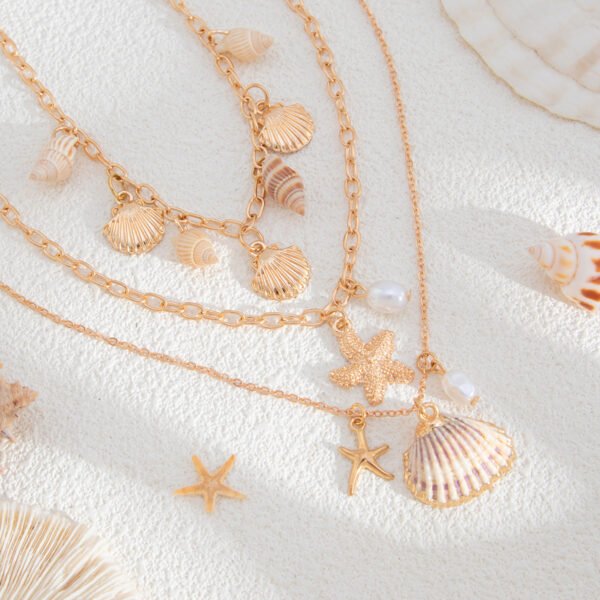Bijoume Trendy Oceanic Fishtail White Oval Pearl Tassel Multilayered Necklace Sets Beach Starfish  Pendant for Women