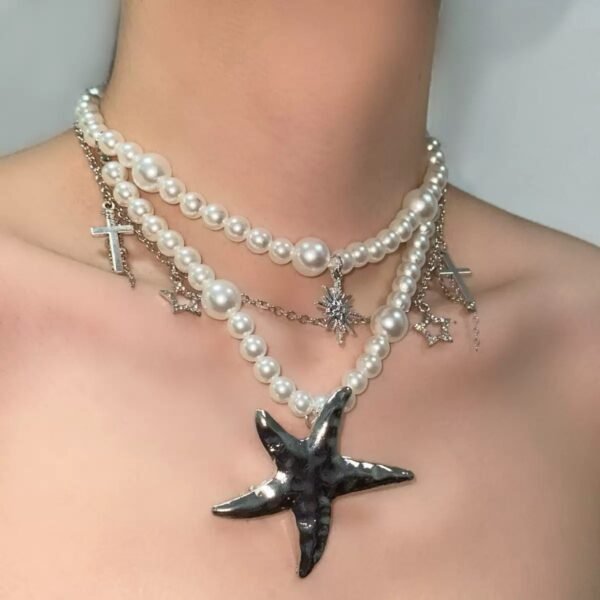 Bijoume Multilayered Starfish Pendant Dainty Round Pearl Chain Necklace with Cross Pendant for Women