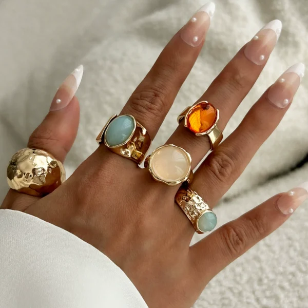Bijoume Trendy Simple Natural Gemstone Strench Ring Sets for Women