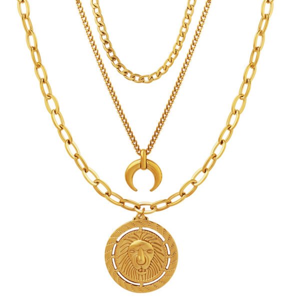 Bijoume Trendy Single or Three-layer Necklace, Moon&Lion Round Pendant, Clavicle chain Necklace Pack