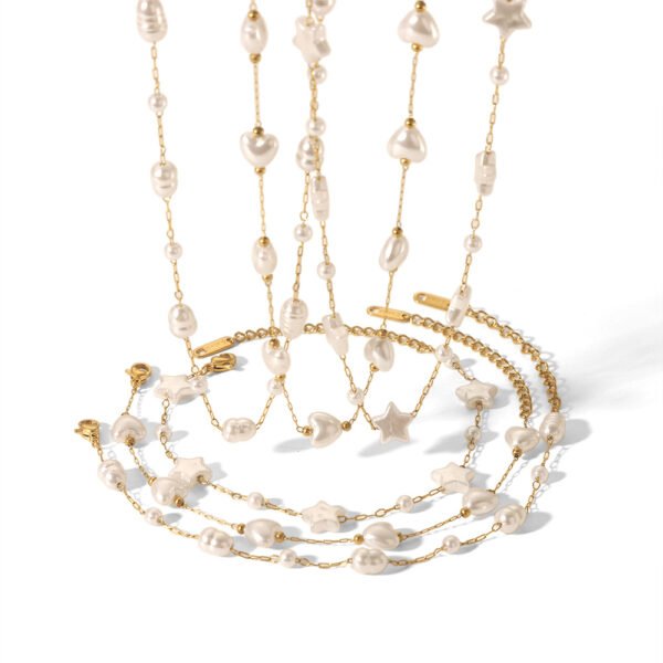 Bijoume Dainty Tassel Star and Heart Necklace Bracelet Sets Fashionable and Stackable Pearl Stainless Steel Sets for Women