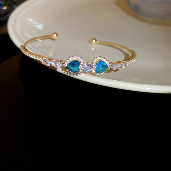 Bijoume Vintage Blue Heart Zircons Handmade Jewelry Adjustment Bangle Bracelet for Women