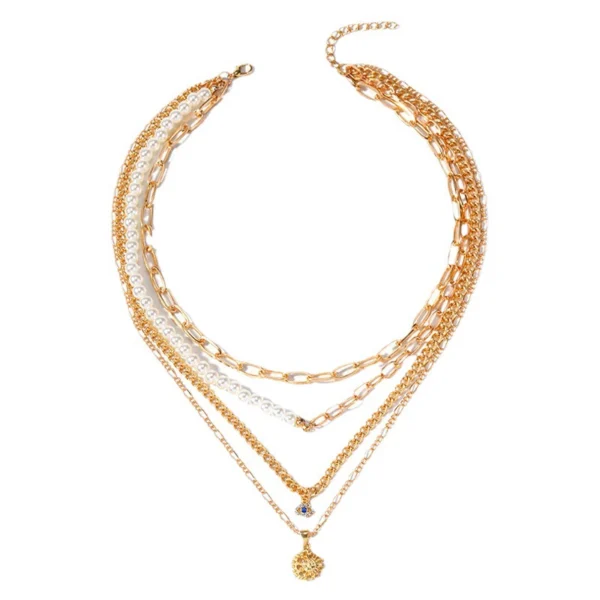 Bijoume14 K Gold and Pearl Eye Multi Layers Necklace Sets Elegant Jewelry for Women