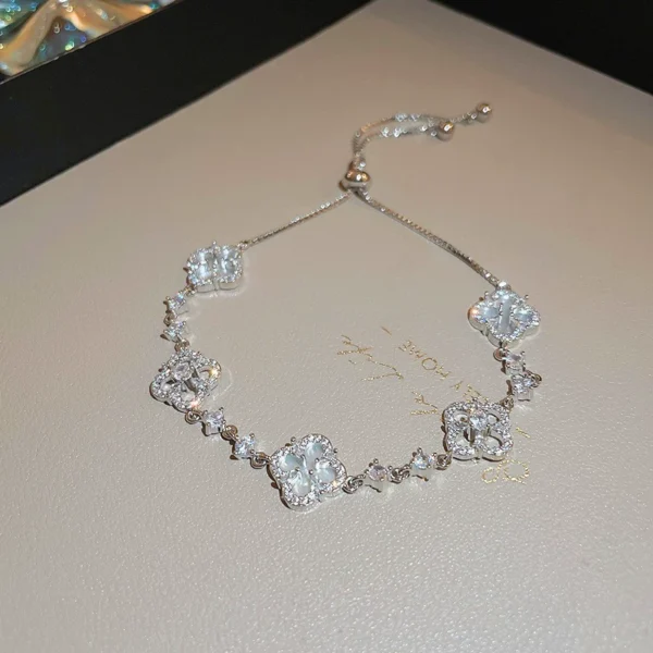 Bijoume Dainty Lucky 4-Leaf Clover Zircon Pendant High-end Handmade Jewelry Adjustment Bangle and Bracelet for Women