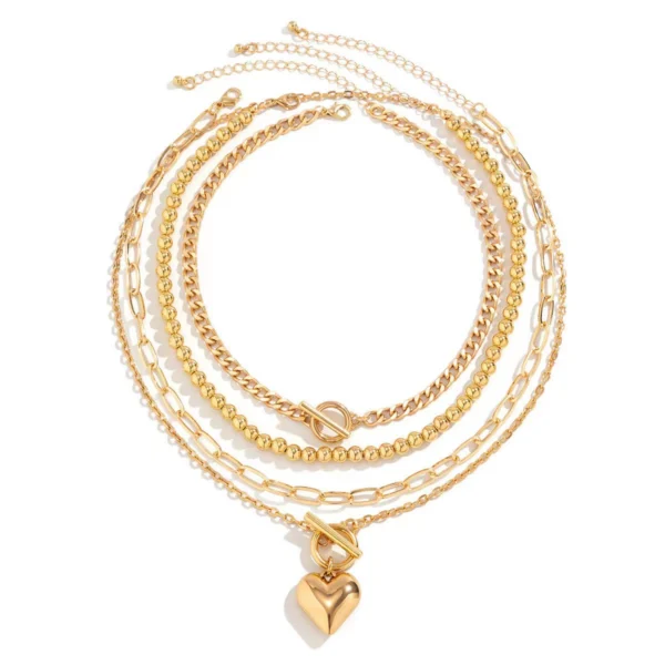 Bijoume Trendy Mental Heart Pendant Cuban Muiltilayered Necklace Pack Comprises 14K Gold Figra Necklace and Paperclip Necklace For Women