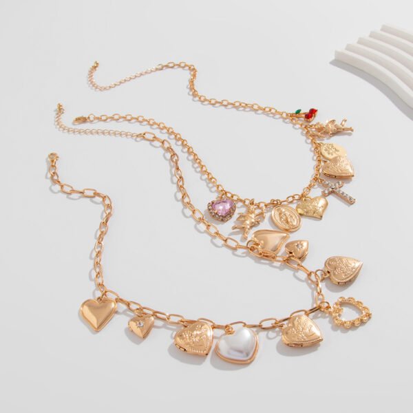 Bijoume Sweet Cool Pearl Metal Heart Pendant Necklace Ins Diamond Cross Peach Heart Pendant