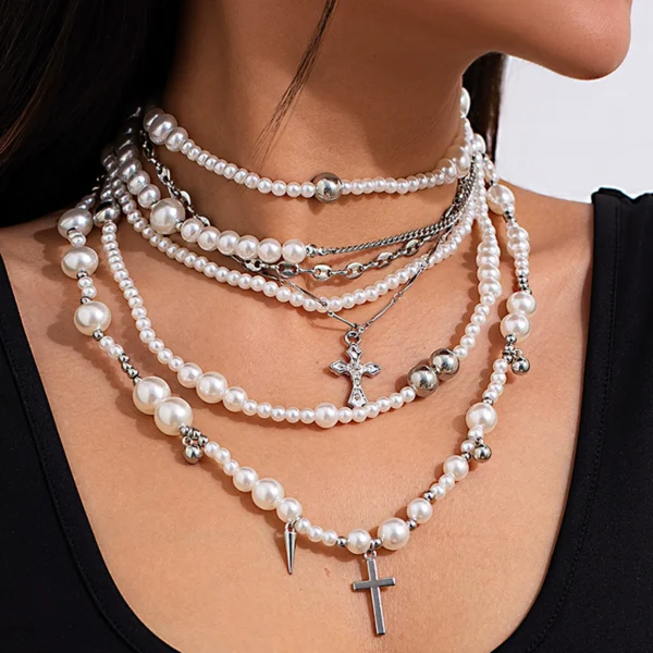 Bijoume Vintage Multilayered Pearl Handmade Choker or Necklace Rivet Cross Pendant Stackable Sets for Women