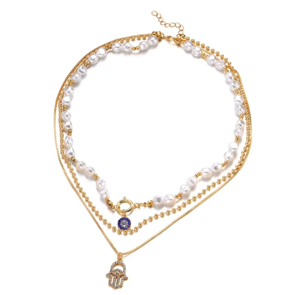 Bijoume Trendy 14K Gold Diamond Multilayered Necklace for Women Pearl Eye Palm Pendant