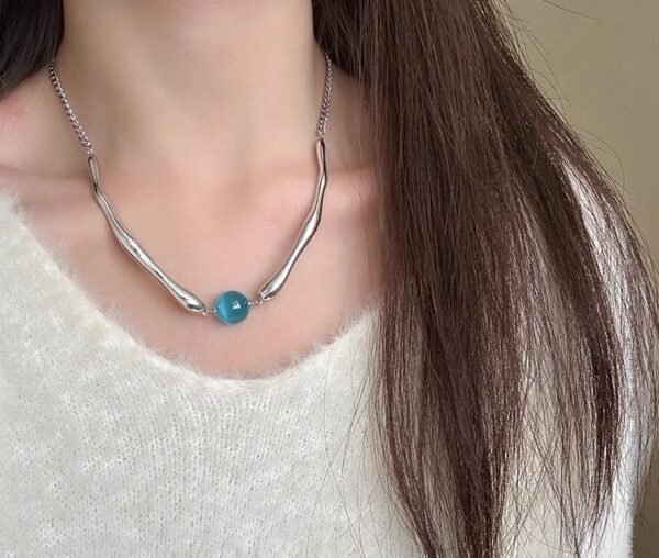 Bijoume Delicate Silver Chain Necklace with Translucent Blue Crystal Pendant