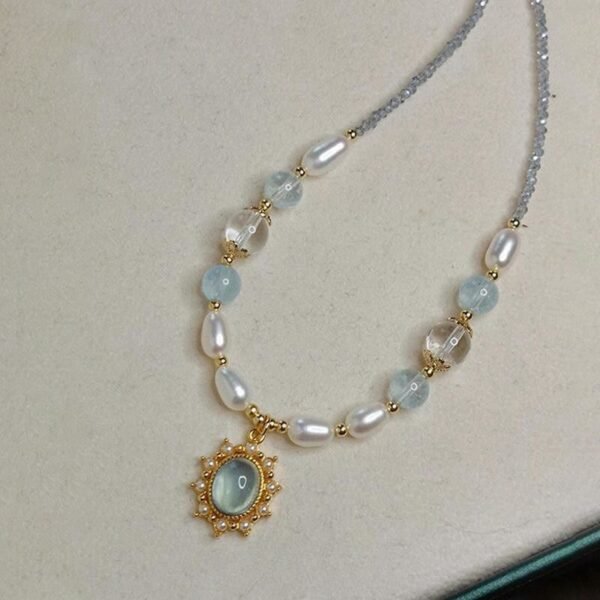 Bijoume Exquisite Blue Natural Gemstone Pendant Pearl and Crystal Beads Handmade Necklace for Women