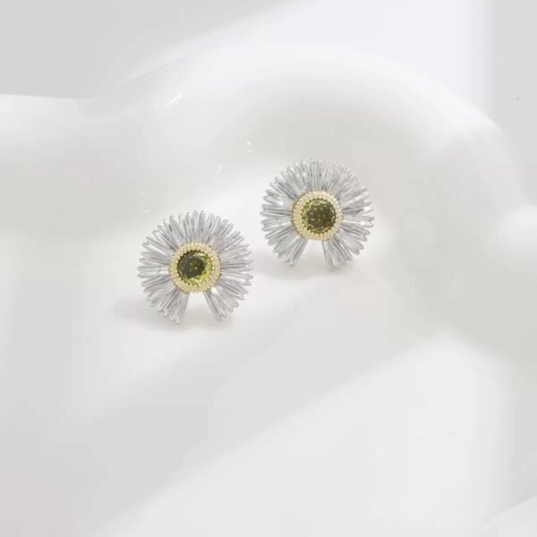Bijoume Dainty Daisy Earrings Olive Green Zircon Silver Earrings and Necklace